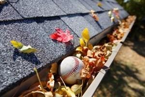 Rain gutter filled with leaves and a baseball