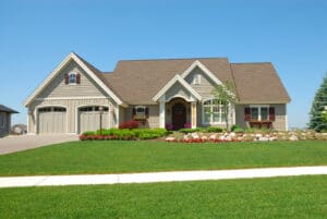 New suburban home with large manicured lawn
