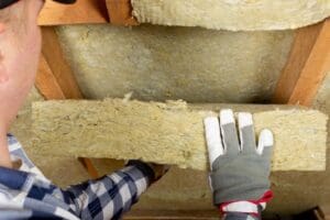 Worker adding attic insulation