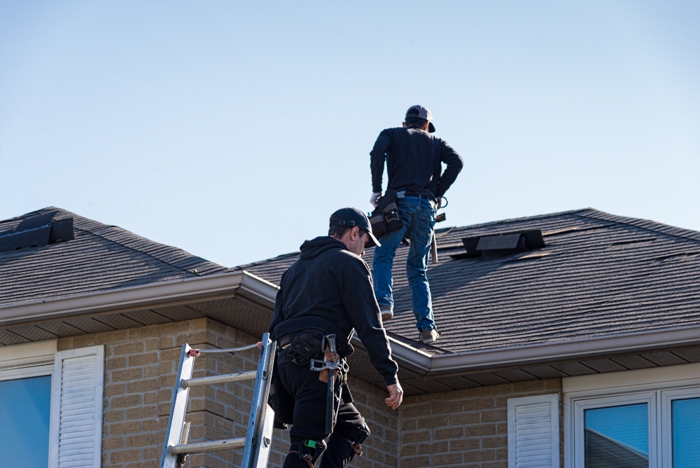 Two roofers inspecting a damaged roof in Albert Lea